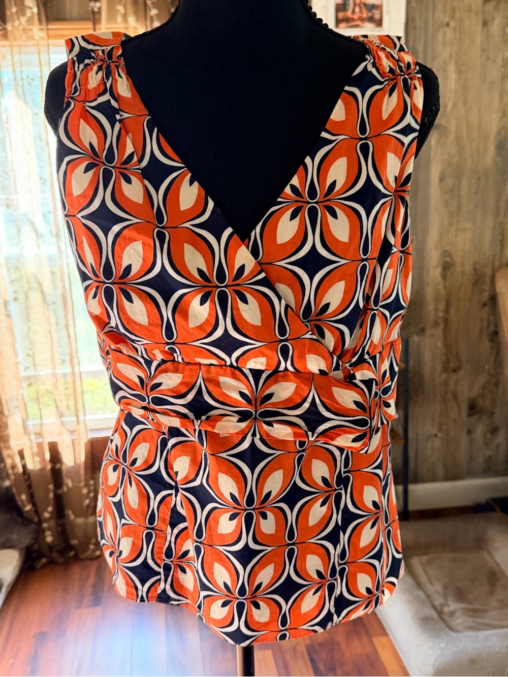 Ann Taylor Orange and Navy Geometric Wrap-Style Sleeveless Blouse